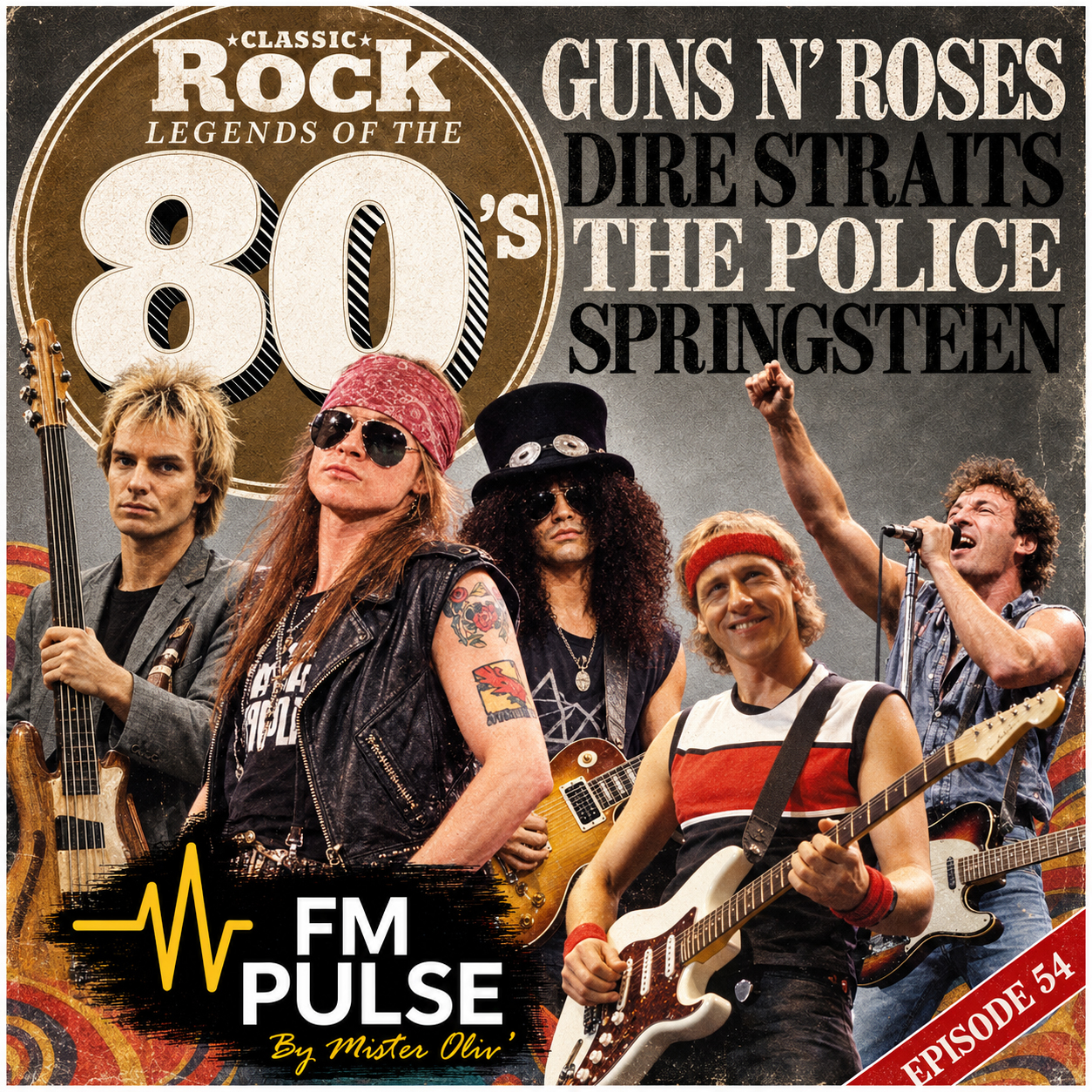 FM Pulse — Épisode #54 Rock Legends 80’s : collage vintage avec Sting à la basse, Axl Rose au bandana, Slash au chapeau, Mark Knopfler à la guitare et Bruce Springsteen au micro, sous un grand médaillon 80’s, avec le logo FM Pulse et un bandeau EPISODE 54